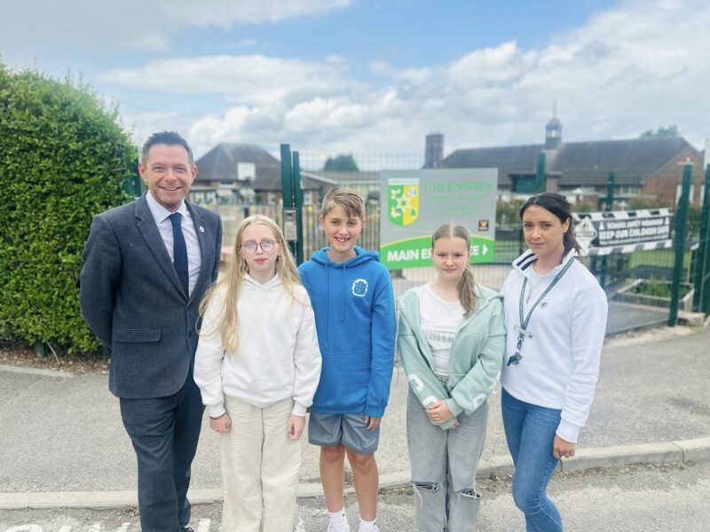 David with students and staff from Greenways Primary Academy