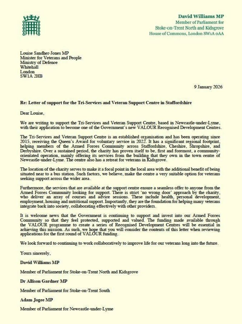 Letter sent in support of Tri-Services
